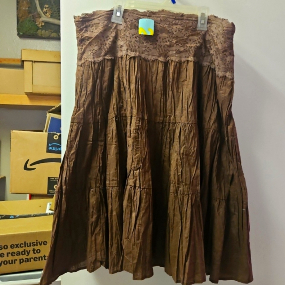 Elastic Waist Brown Ruffles MIDI Skirt - NWT